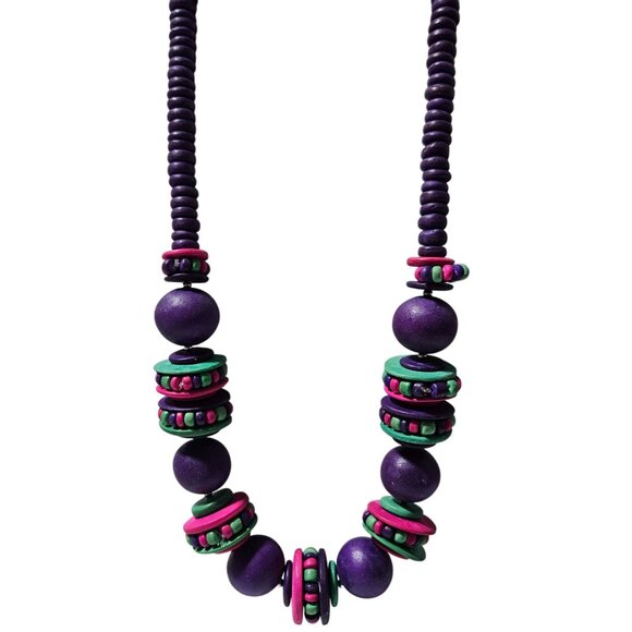 Handcrafted Wooden Beaded Necklace Purple Pink Colorful Accents Fashion Jewelry - Picture 1 of 5